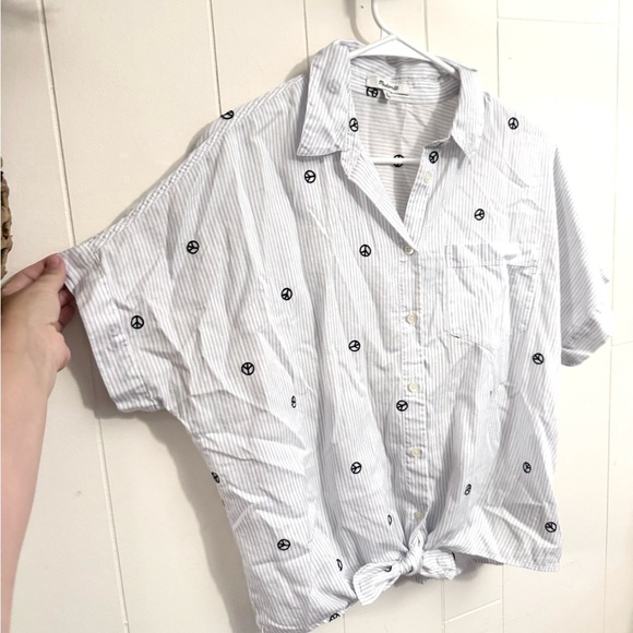 Madewell Peace Sign Embroidered Blue Stripe Short Sleeve Tie Front Top Blouse M - Picture 6 of 7